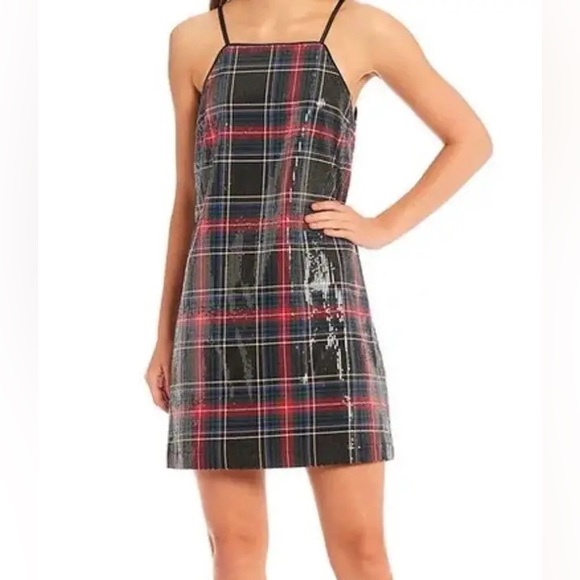 Copper Key Black/Red Plaid Print Sequin Shift Dress NWT Sz.S - Picture 2 of 10